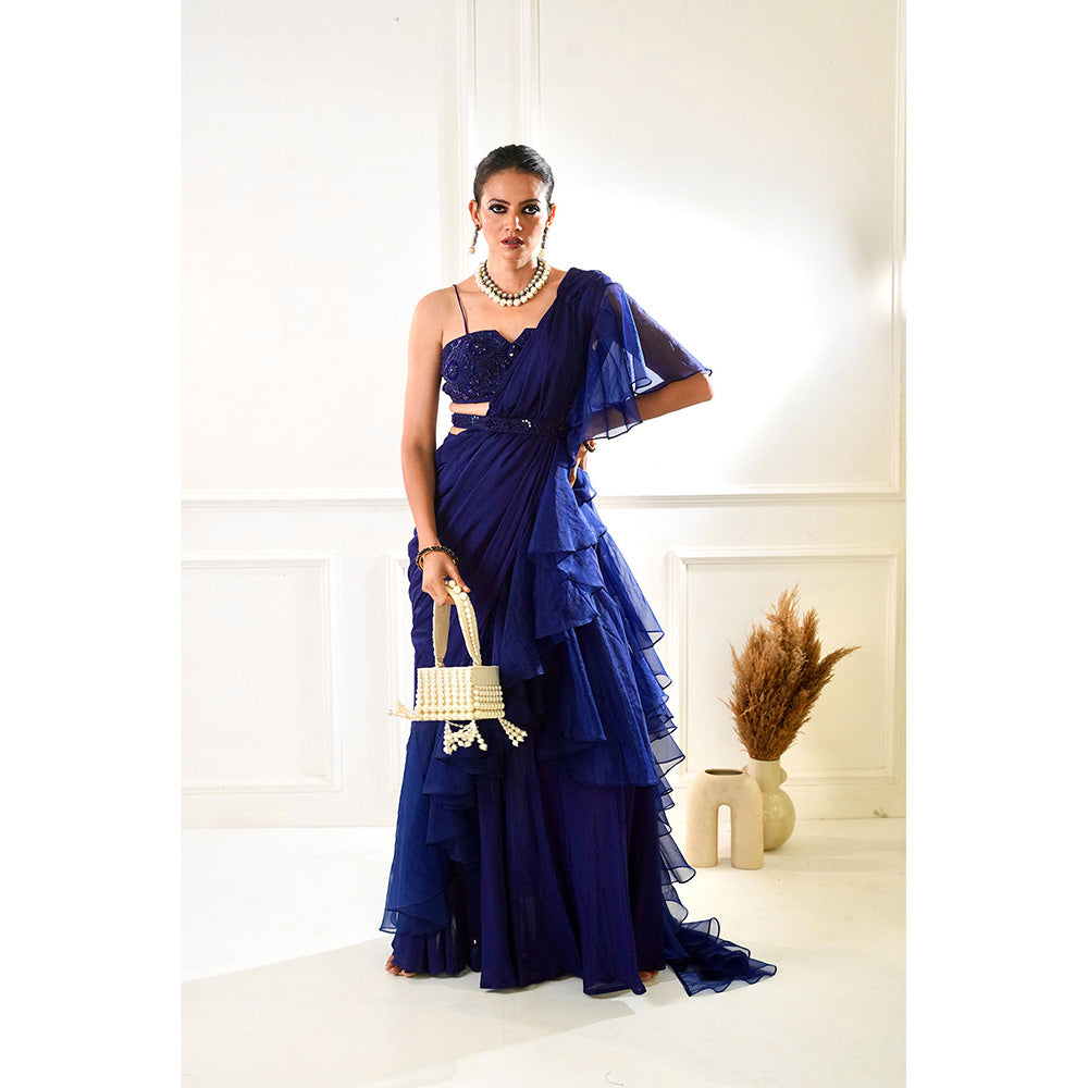 Rashika Sharma Nikasha Navy Ruffle Pre-Drapped Saree with Blouse and Belt with Stitched