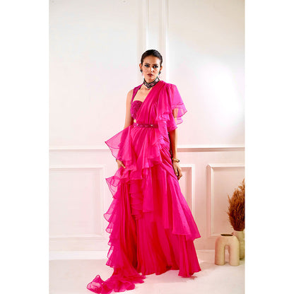 Rashika Sharma Rosie Pink Ruffle Pre-Drapped Saree with Blouse and Belt with Stitched