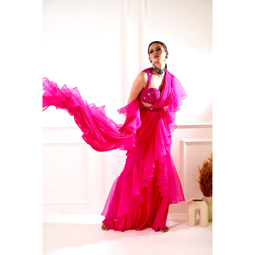 Rashika Sharma Rosie Pink Ruffle Pre-Drapped Saree with Blouse and Belt with Stitched