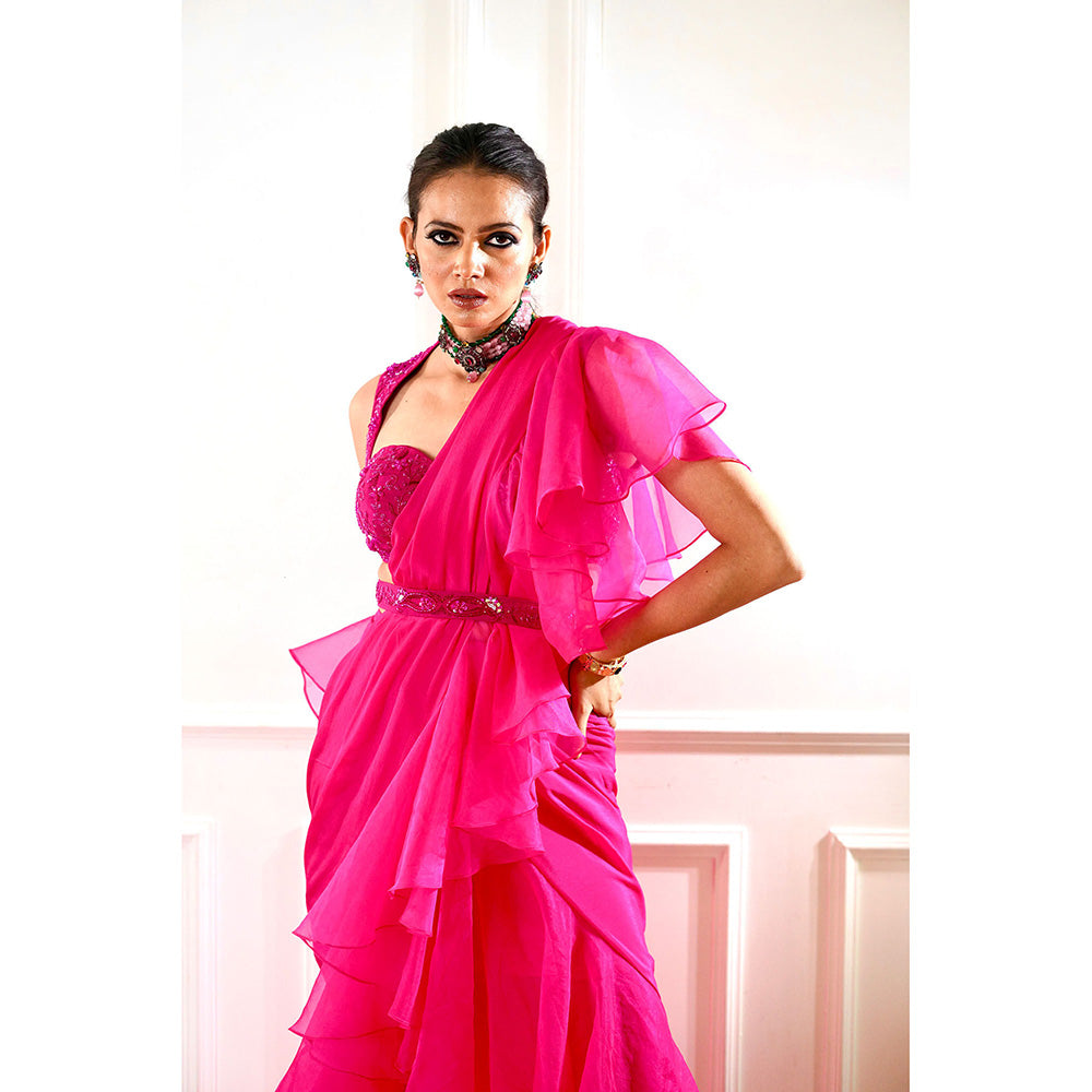 Rashika Sharma Rosie Pink Ruffle Pre-Drapped Saree with Blouse and Belt with Stitched
