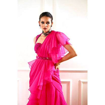 Rashika Sharma Rosie Pink Ruffle Pre-Drapped Saree with Blouse and Belt with Stitched