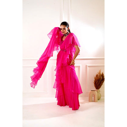 Rashika Sharma Rosie Pink Ruffle Pre-Drapped Saree with Blouse and Belt with Stitched