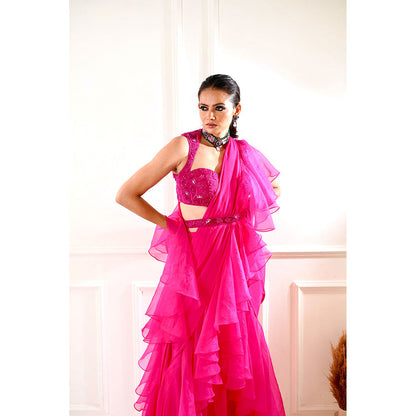 Rashika Sharma Rosie Pink Ruffle Pre-Drapped Saree with Blouse and Belt with Stitched