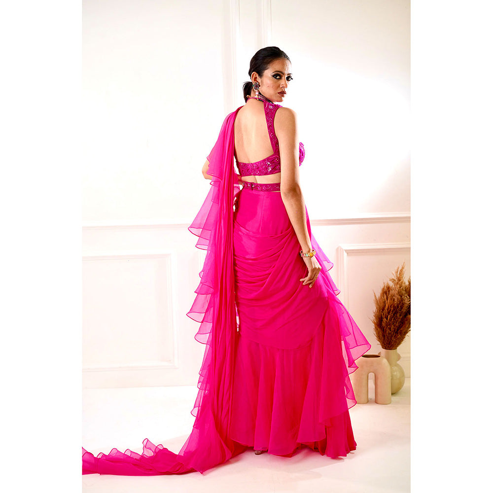 Rashika Sharma Rosie Pink Ruffle Pre-Drapped Saree with Blouse and Belt with Stitched