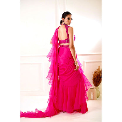 Rashika Sharma Rosie Pink Ruffle Pre-Drapped Saree with Blouse and Belt with Stitched