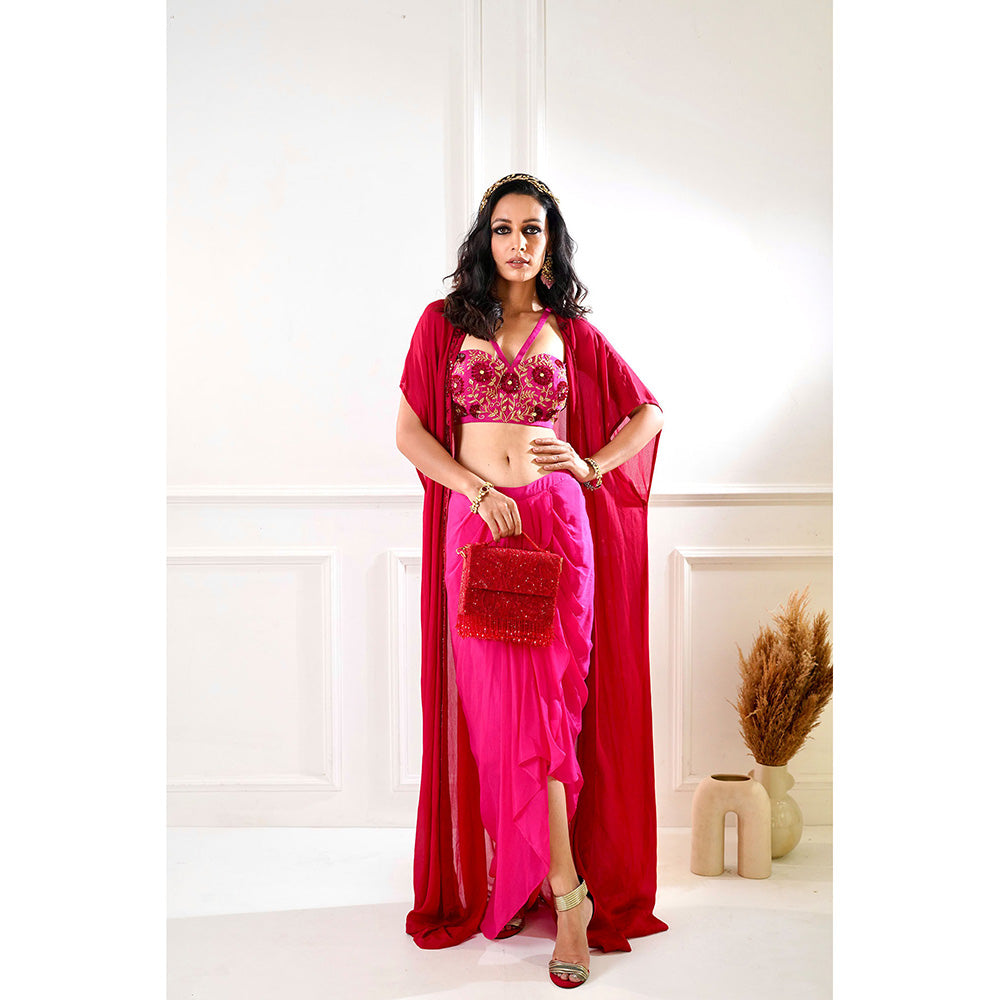 Rashika Sharma Shirin Maroon and Pink Drape Skirt and Cape (Set of 3)