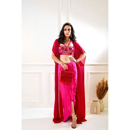 Rashika Sharma Shirin Maroon and Pink Drape Skirt and Cape (Set of 3)