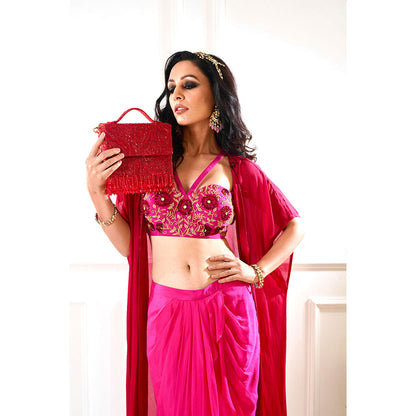 Rashika Sharma Shirin Maroon and Pink Drape Skirt and Cape (Set of 3)