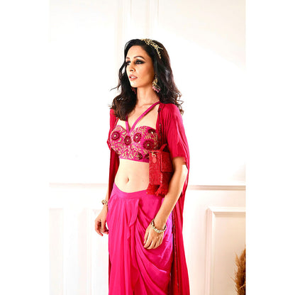 Rashika Sharma Shirin Maroon and Pink Drape Skirt and Cape (Set of 3)
