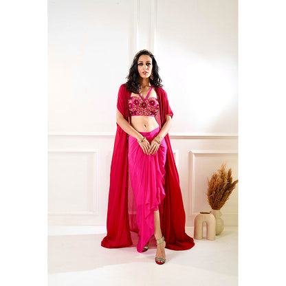 Rashika Sharma Shirin Maroon and Pink Drape Skirt and Cape (Set of 3)