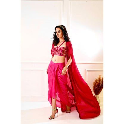 Rashika Sharma Shirin Maroon and Pink Drape Skirt and Cape (Set of 3)