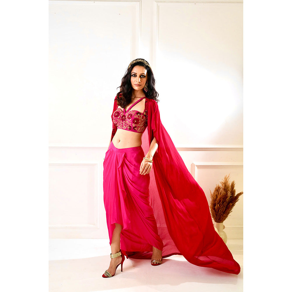 Rashika Sharma Shirin Maroon and Pink Drape Skirt and Cape (Set of 3)