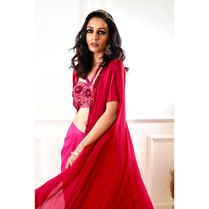 Rashika Sharma Shirin Maroon and Pink Drape Skirt and Cape (Set of 3)