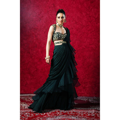 Rashika Sharma Lara Ruffle Pre-Drapped Saree with Blouse and Belt with Stitched