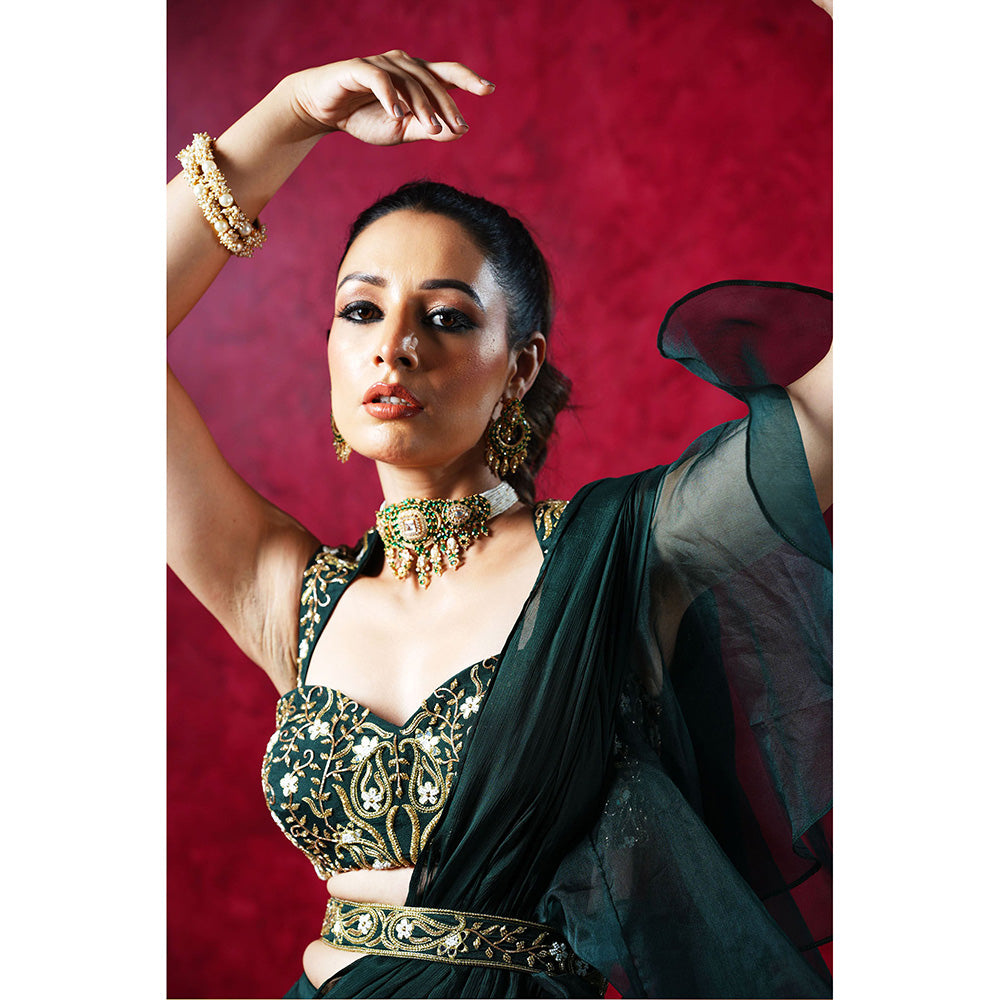 Rashika Sharma Lara Ruffle Pre-Drapped Saree with Blouse and Belt with Stitched