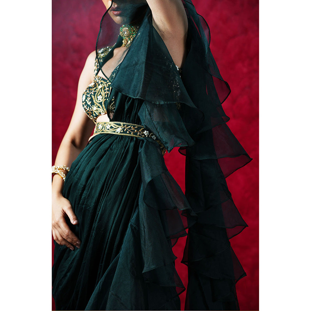 Rashika Sharma Lara Ruffle Pre-Drapped Saree with Blouse and Belt with Stitched