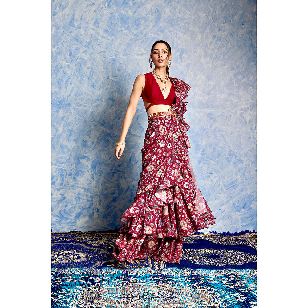 Rashika Sharma Maroon Nitara Ruffle Pre Stitched Saree with Belt with Stitched