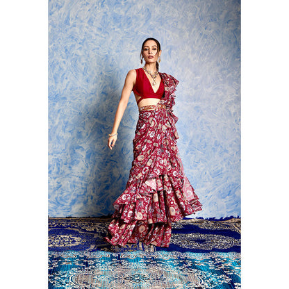 Rashika Sharma Maroon Nitara Ruffle Pre Stitched Saree with Belt with Stitched