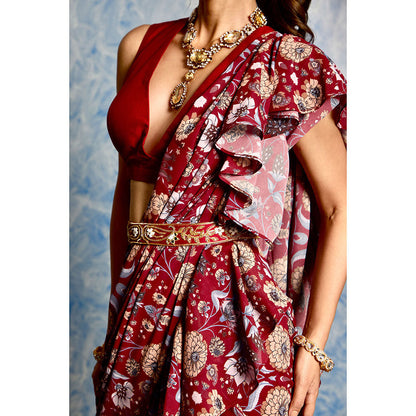 Rashika Sharma Maroon Nitara Ruffle Pre Stitched Saree with Belt with Stitched