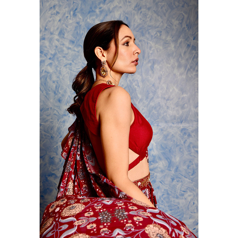 Rashika Sharma Maroon Nitara Ruffle Pre Stitched Saree with Belt with Stitched