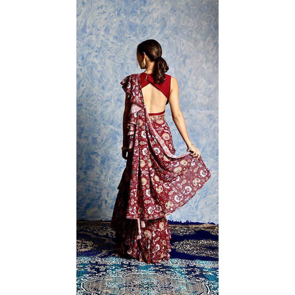 Rashika Sharma Maroon Nitara Ruffle Pre Stitched Saree with Belt with Stitched