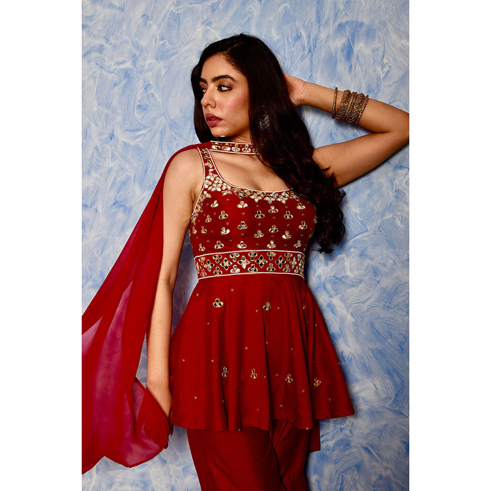 Rashika Sharma Red Aaisha Sharara with Peplum Kurta and Dupatta (Set of 3)