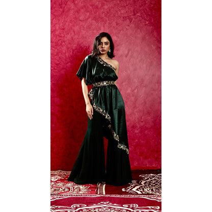 Rashika Sharma Green Seher Top with Sharara and Belt (Set of 3)