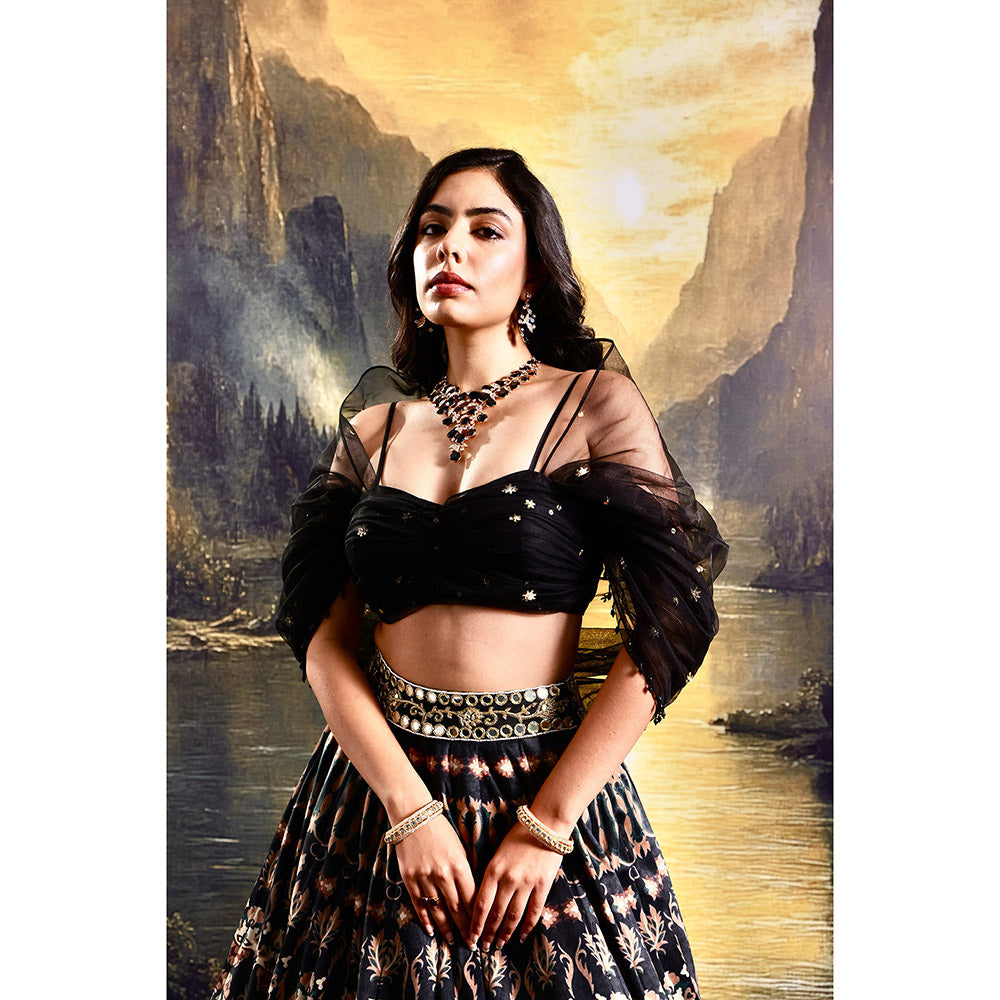 Rashika Sharma Black Jeeya Lehenga with Draped Attached Blouse (Set of 2)