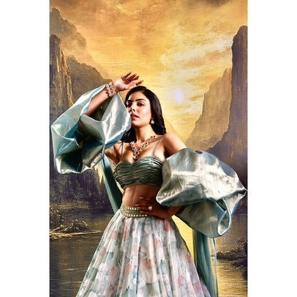 Rashika Sharma Blue Jasmine Classic Lehenga with Blouse and Cuff Dupatta (Set of 3)