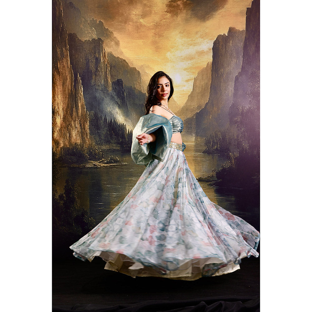 Rashika Sharma Blue Jasmine Classic Lehenga with Blouse and Cuff Dupatta (Set of 3)