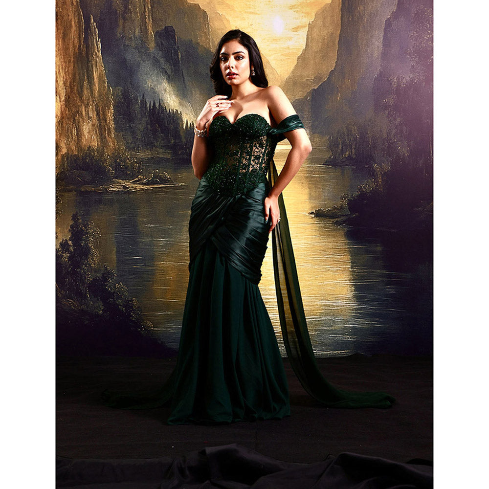 Rashika Sharma Green Amber Corset Top with Draped Skirt (Set of 2)