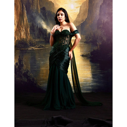 Rashika Sharma Green Amber Corset Top with Draped Skirt (Set of 2)