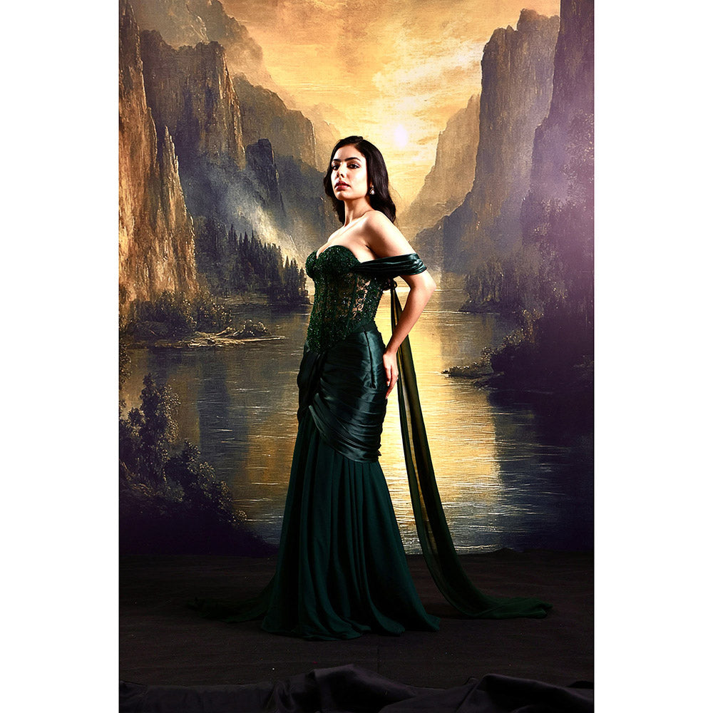 Rashika Sharma Green Amber Corset Top with Draped Skirt (Set of 2)