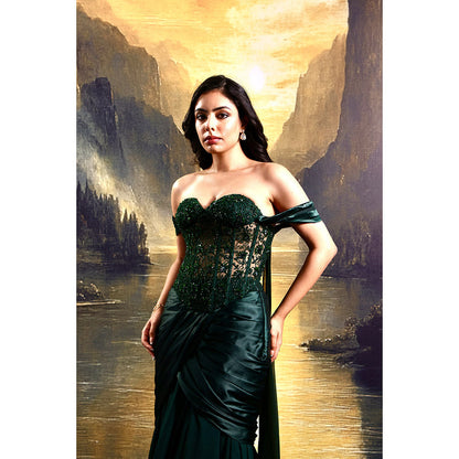 Rashika Sharma Green Amber Corset Top with Draped Skirt (Set of 2)