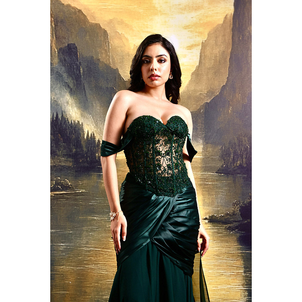 Rashika Sharma Green Amber Corset Top with Draped Skirt (Set of 2)
