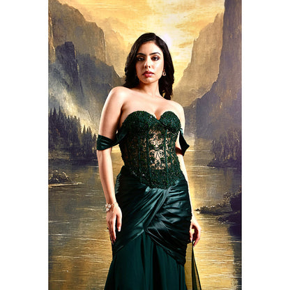 Rashika Sharma Green Amber Corset Top with Draped Skirt (Set of 2)