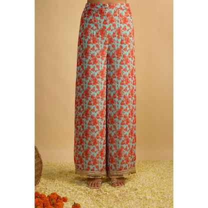 RAYASHA KHAN Blue Printed Long Kurta with Palazzo and Dupatta