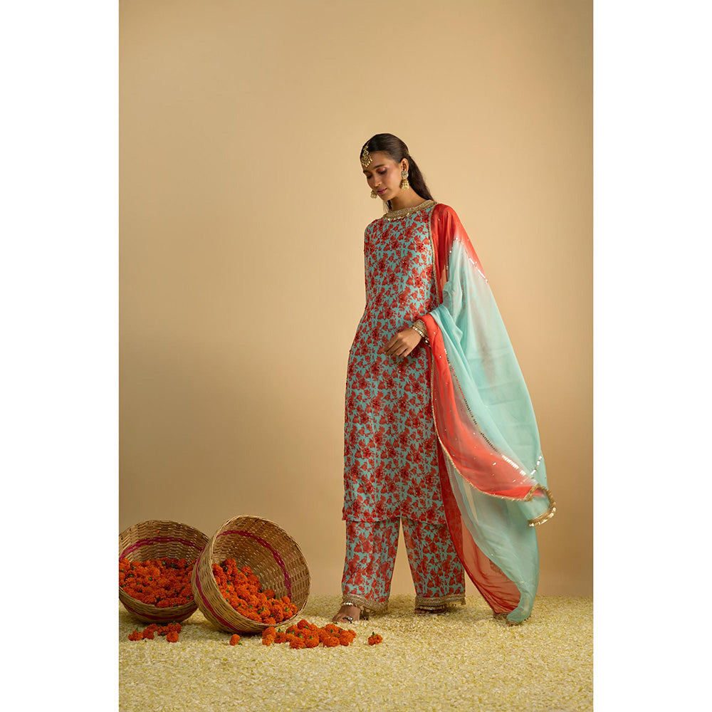 RAYASHA KHAN Blue Printed Long Kurta with Palazzo and Dupatta