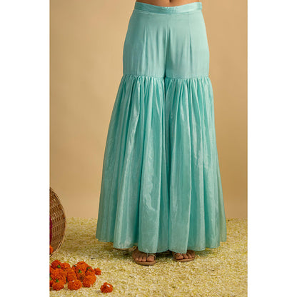 RAYASHA KHAN Blue Printed Long Kurta with Sharara and Dupatta