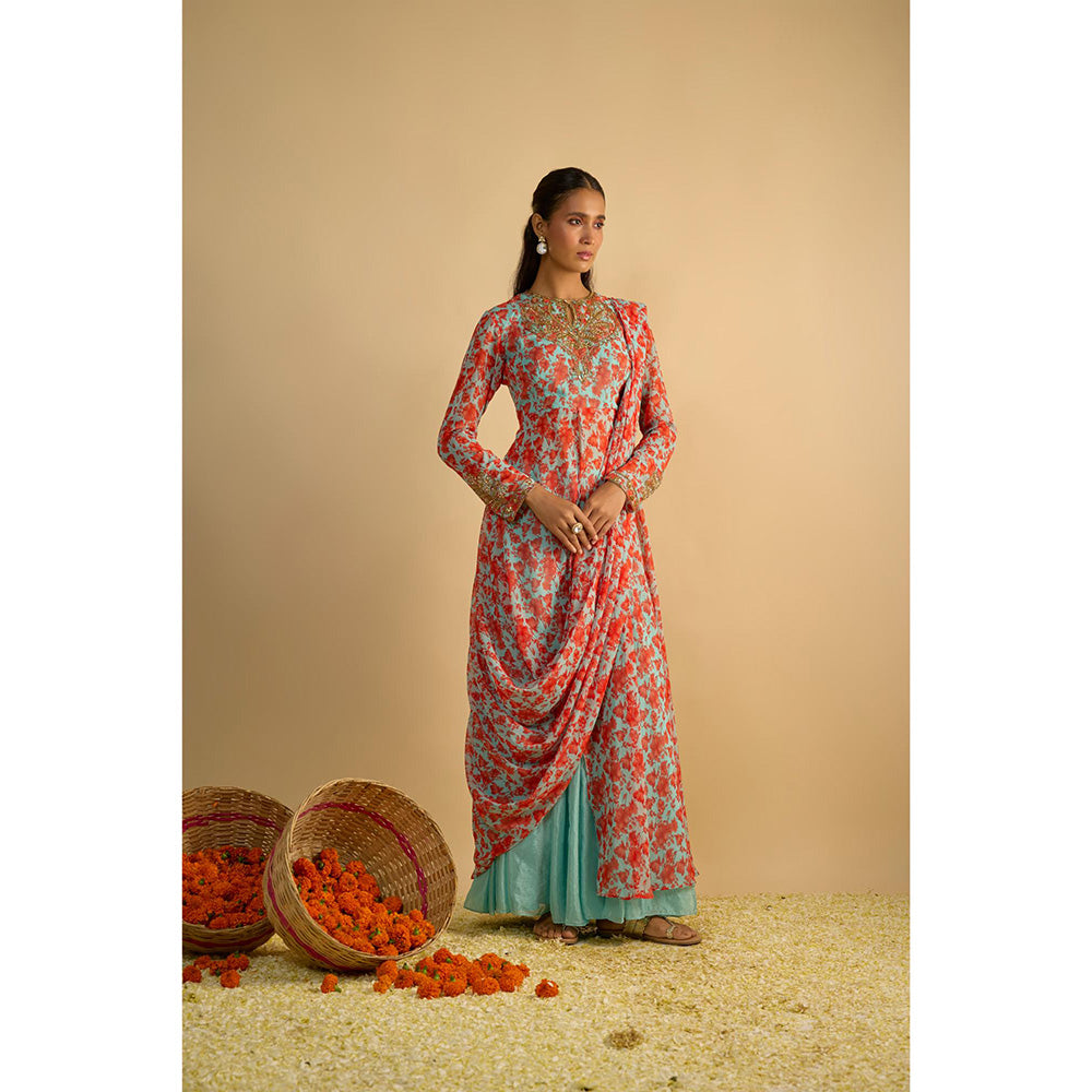 RAYASHA KHAN Blue Printed Long Kurta with Attached Drape and Sharara