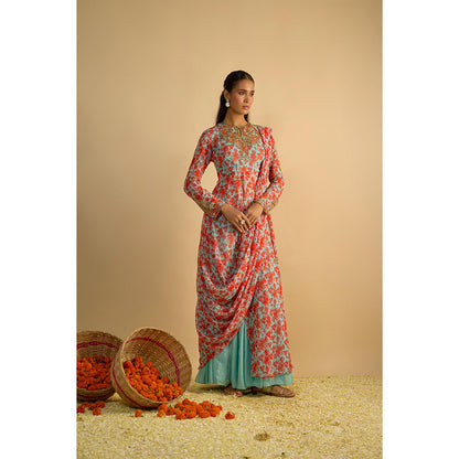 RAYASHA KHAN Blue Printed Long Kurta with Attached Drape and Sharara