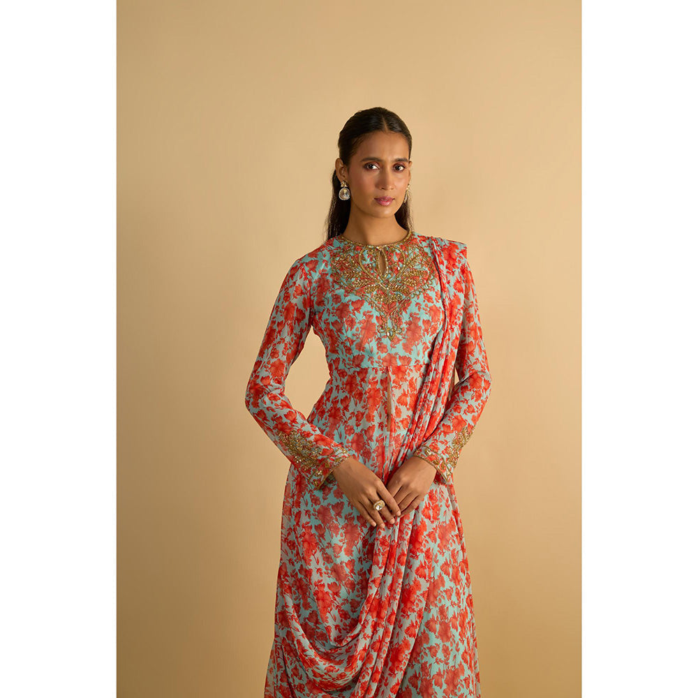 RAYASHA KHAN Blue Printed Long Kurta with Attached Drape and Sharara