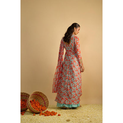 RAYASHA KHAN Blue Printed Long Kurta with Attached Drape and Sharara