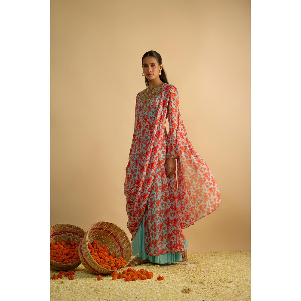 RAYASHA KHAN Blue Printed Long Kurta with Attached Drape and Sharara
