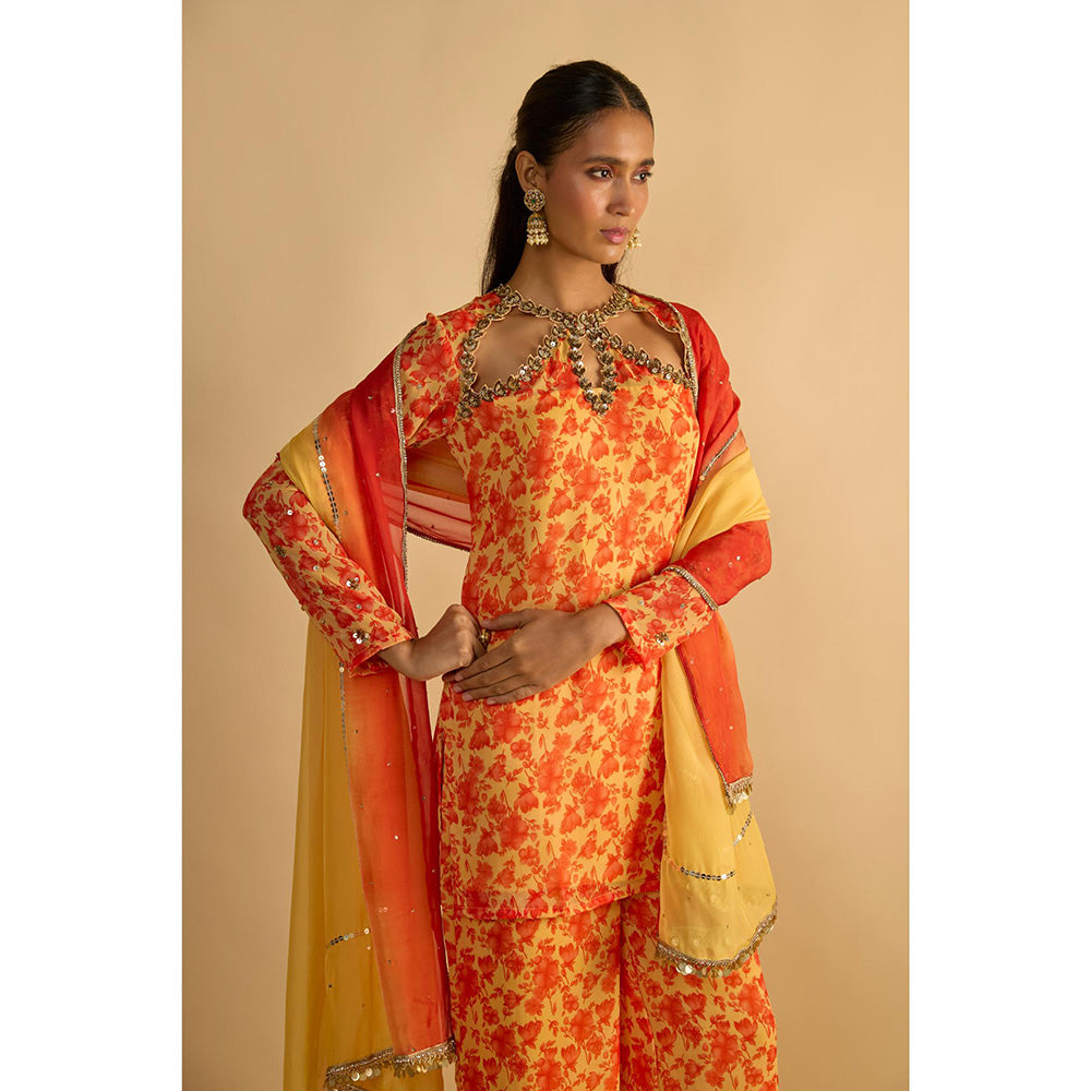 RAYASHA KHAN Yellow Printed Short Kurti with Palazzo and Dupatta