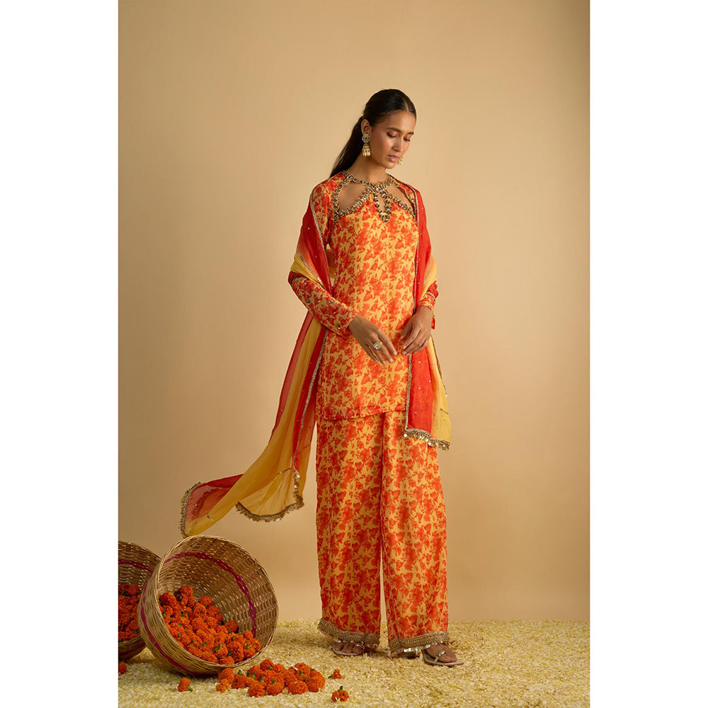 RAYASHA KHAN Yellow Printed Short Kurti with Palazzo and Dupatta