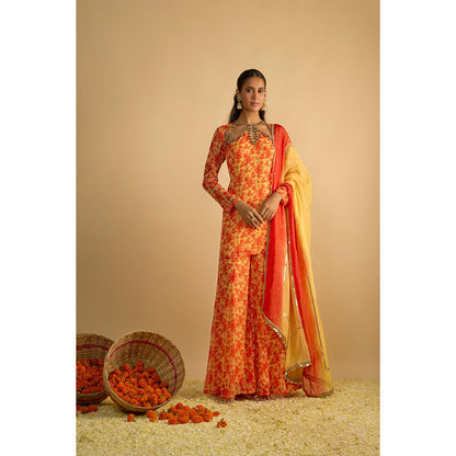 RAYASHA KHAN Yellow Printed Short Kurti with Palazzo and Dupatta