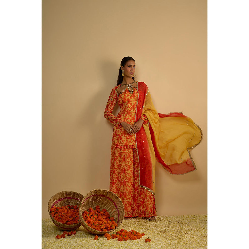 RAYASHA KHAN Yellow Printed Short Kurti with Palazzo and Dupatta