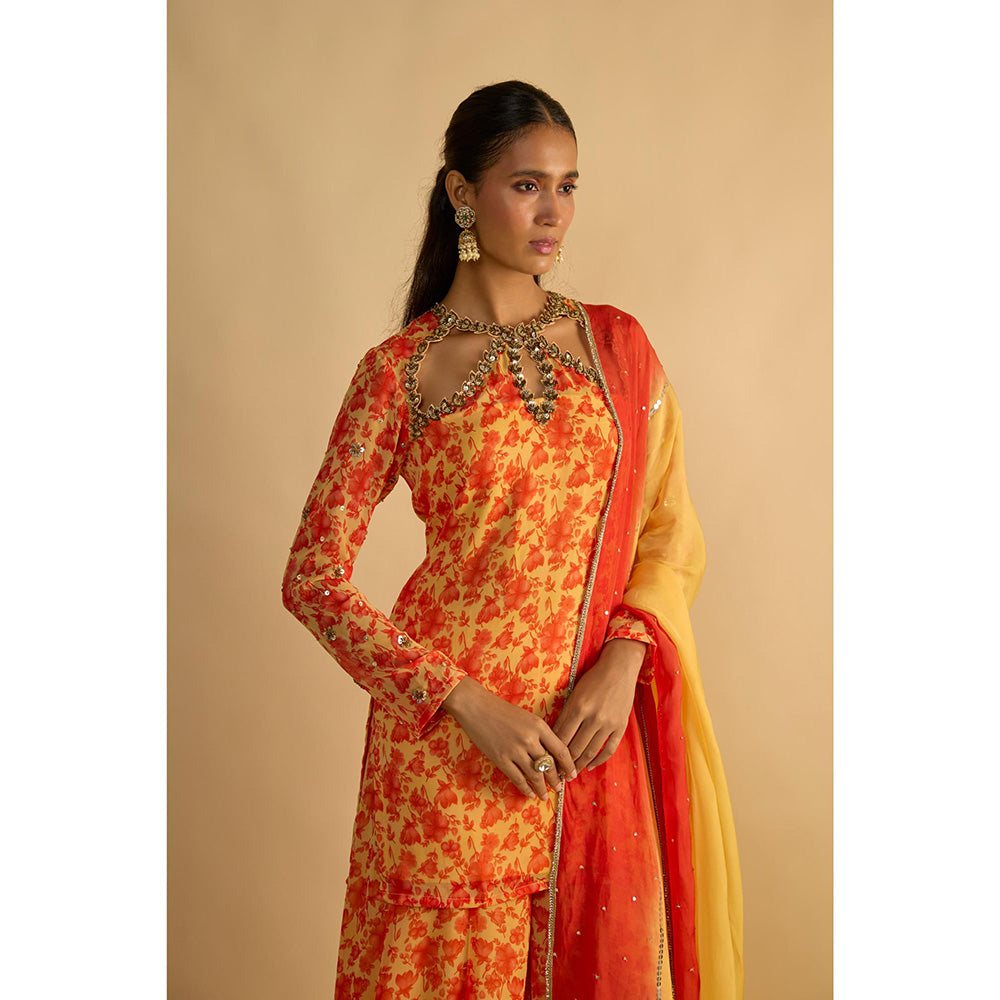 RAYASHA KHAN Yellow Printed Short Kurti with Palazzo and Dupatta