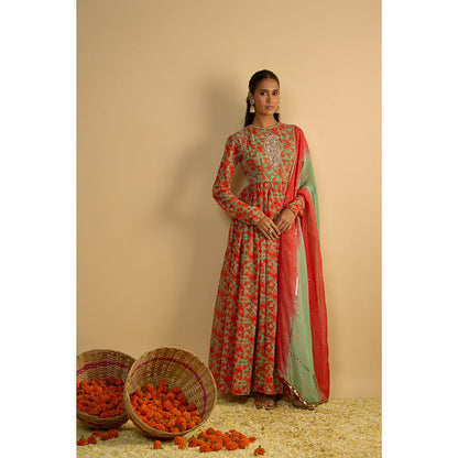 RAYASHA KHAN Green Printed Georgette Hand Embroidered Anarkali with Dupatta